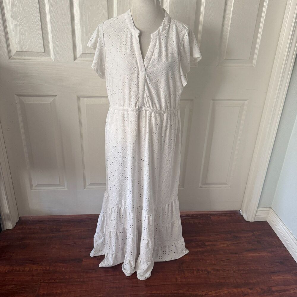 Eyelet Maxi Dress Womens Sz XL White Tiered Lined Cottagecore Prairie Boho